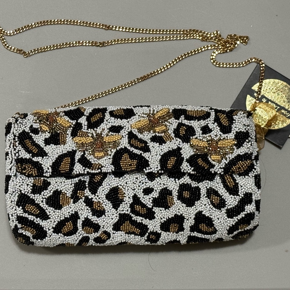 From India To You Beaded Leopard Print With Bees Crossbody/Clutch Bag - NWT